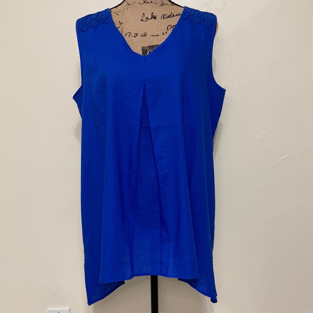 Counterparts Royal Blue Sleeveless Linen Blend V-Neck Blouse with Lace Shoulders